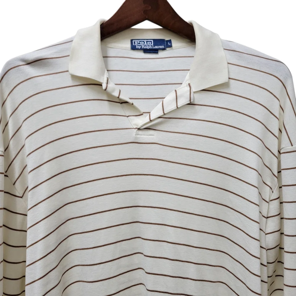 Polo Ralph Lauren Men's Long-Sleeves Beige Brown Stripe Cotton Shirt Large